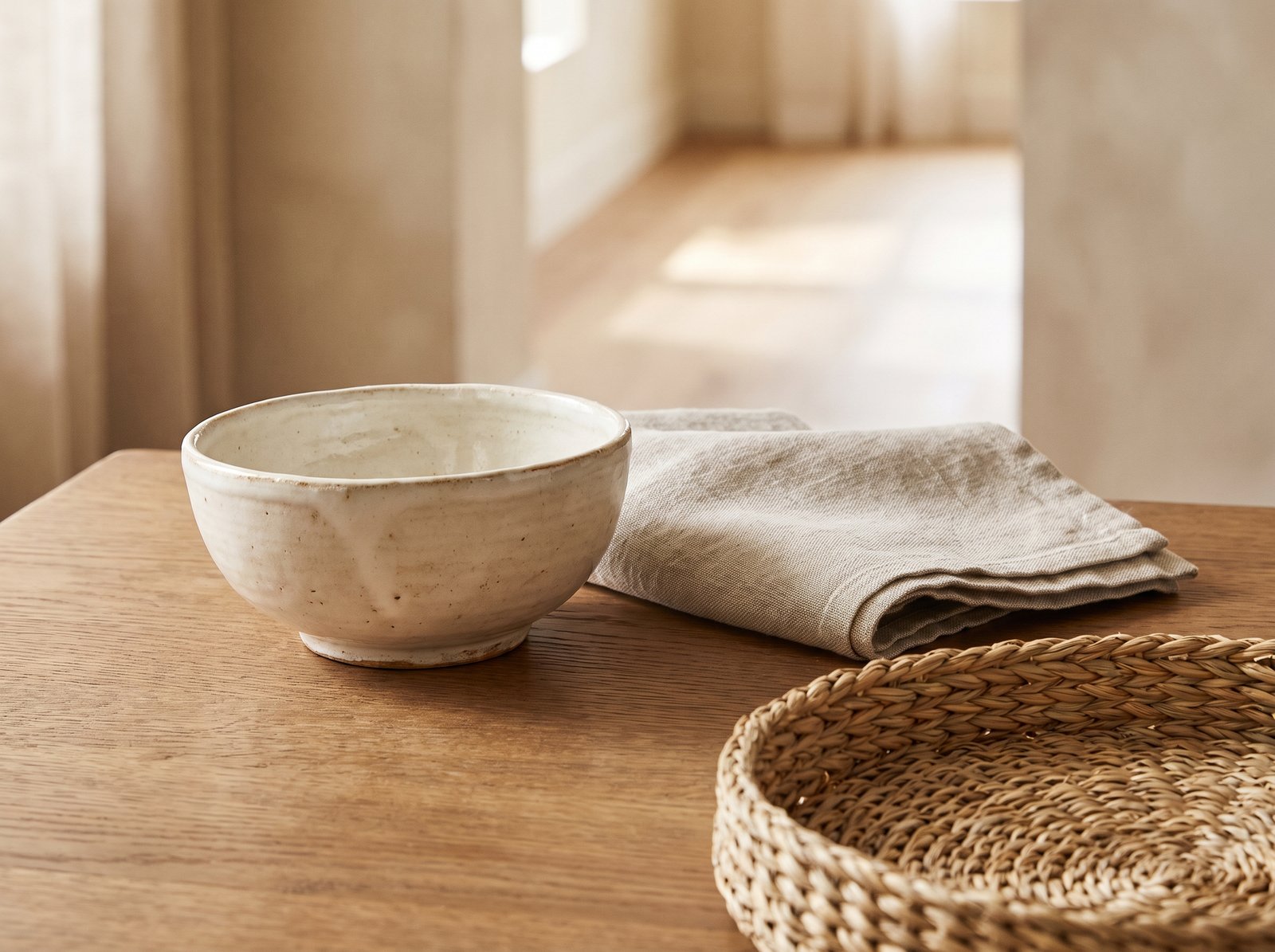 A neutral ceramic bowl beside linen fabric and a woven basket