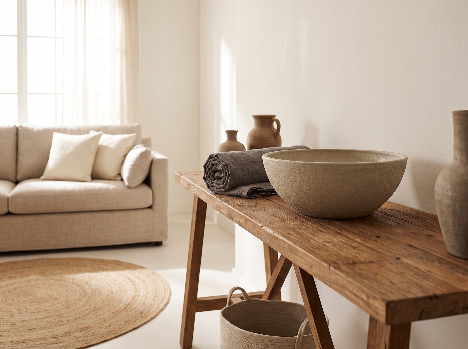 A neutral ceramic bowl styled with natural texture on a warm wood surface