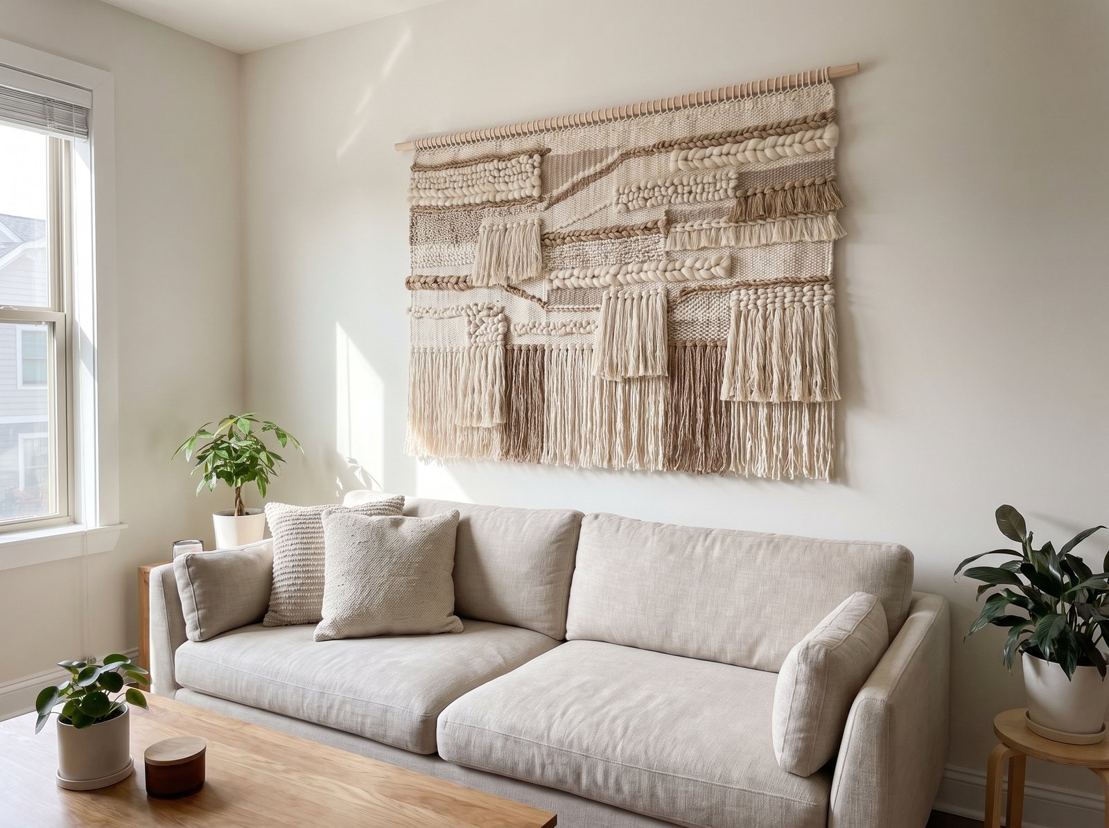 A woven wall hanging with natural fiber texture in a neutral room