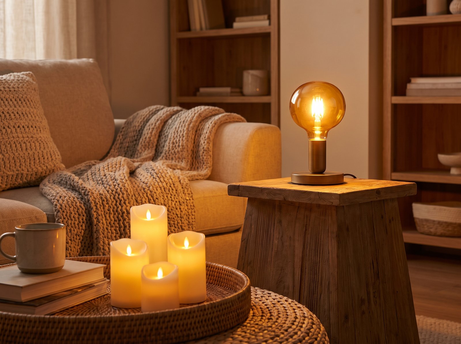 A textured tray with candles styled in warm ambient light