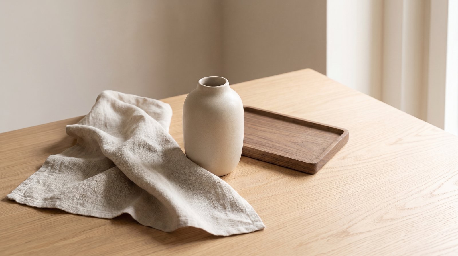 A neutral ceramic bowl beside natural linen and wood textures on a table