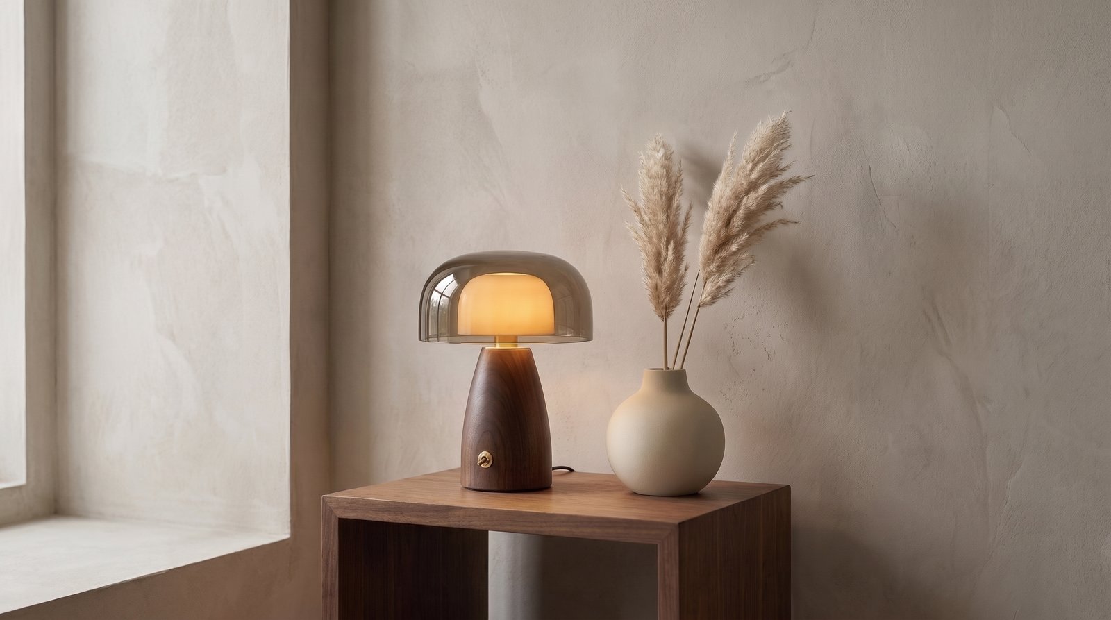 A warmly styled Japandi living room with a sculptural ceramic lamp and woven basket