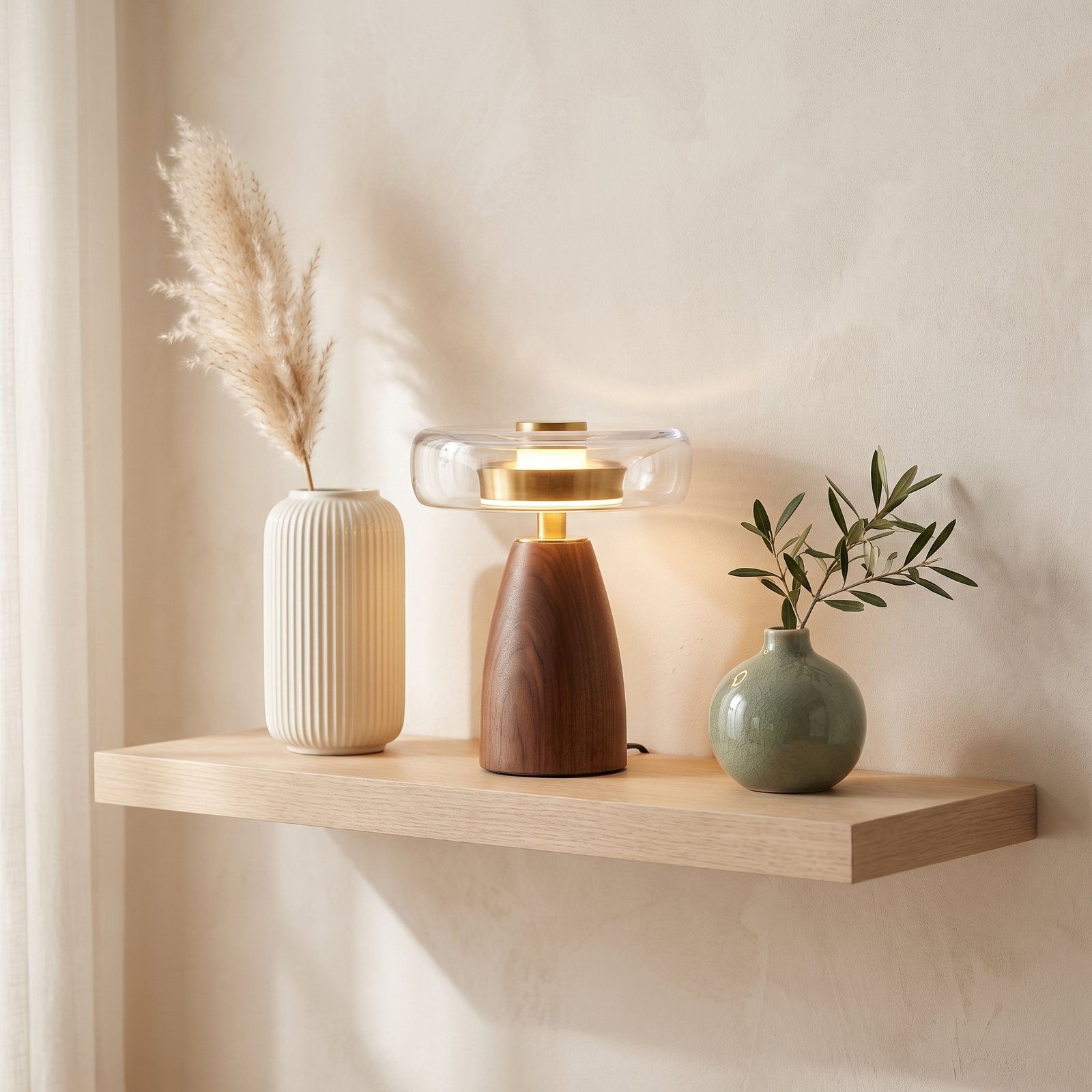A ceramic vase with dried branches styled on an open shelf