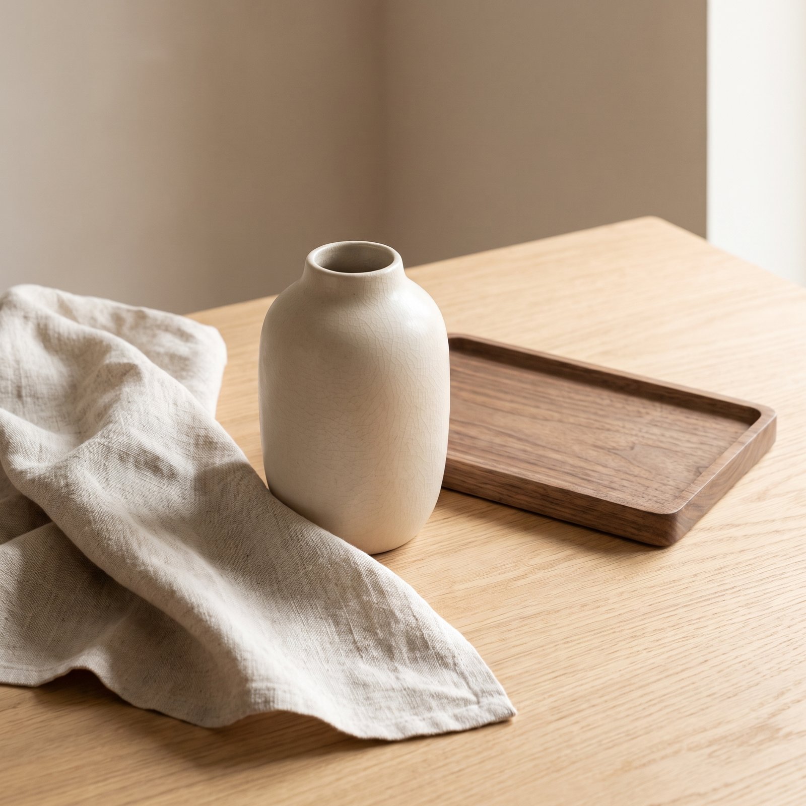 A neutral ceramic bowl beside natural linen and wood textures