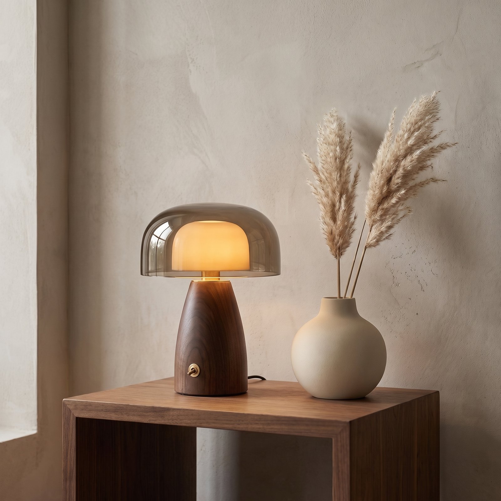A warmly styled Japandi living room with ceramic lamp and woven basket