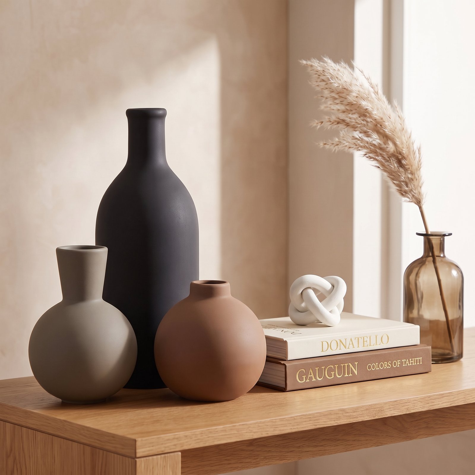 A textured tray with candles and neutral home accents