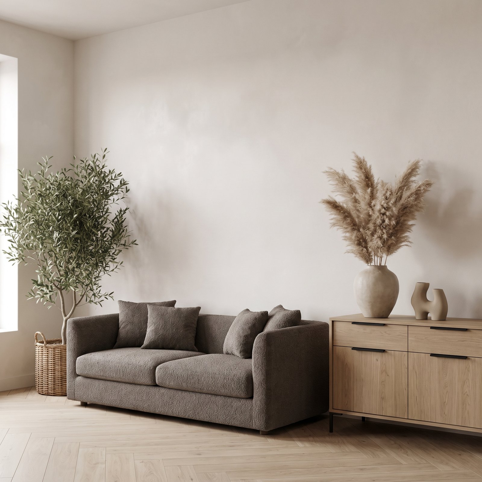 A sculptural ceramic lamp and woven basket styled in a warm interior
